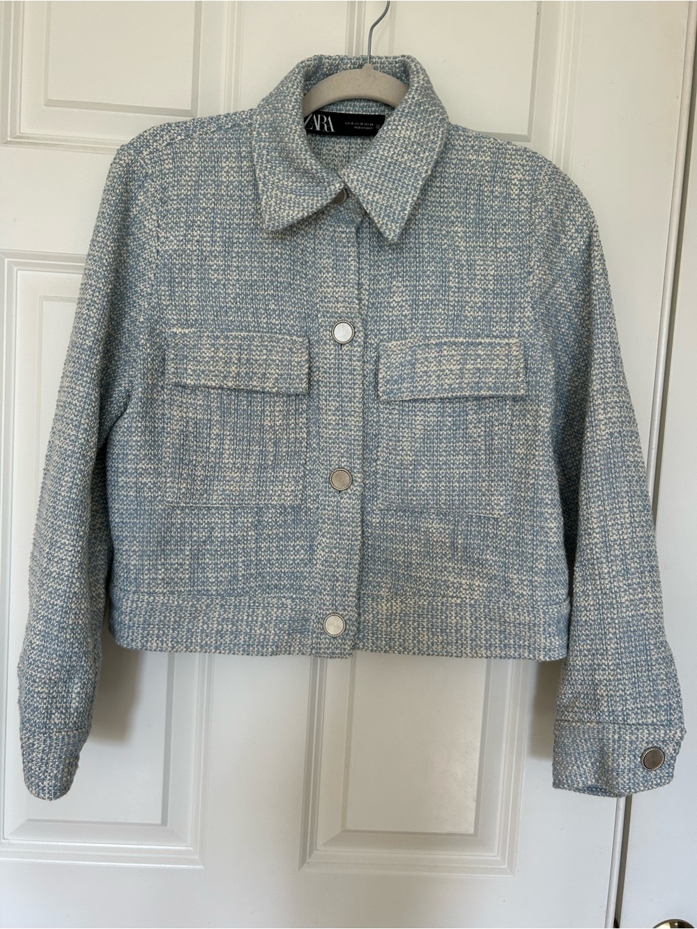 Zara Pale Blue Tweed Crop Jacket with Silver Buttons